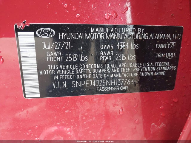 Продаж на аукціоні авто 2022 Hyundai Sonata Sel Plus, vin: 5NPEJ4J25NH137763, номер лоту: 44511110