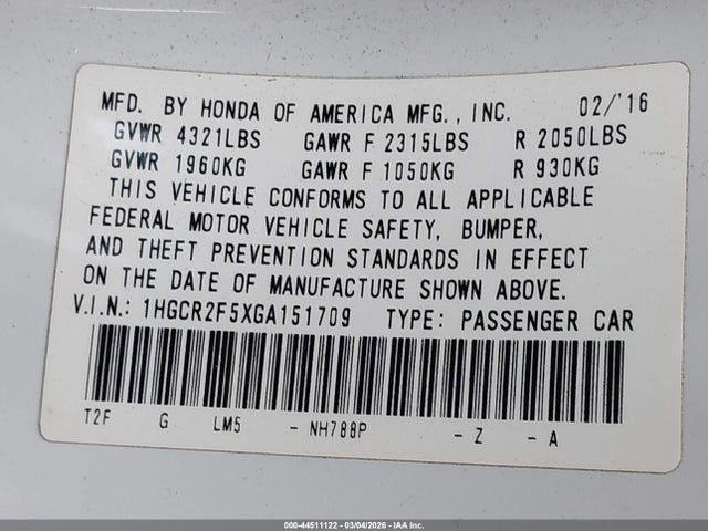 1HGCR2F5XGA151709 Honda Accord Sport