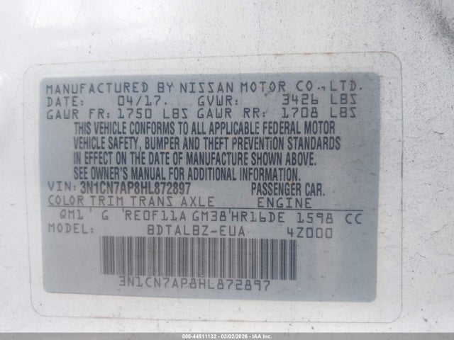 3N1CN7AP8HL872897 Nissan Versa 1.6 Sv