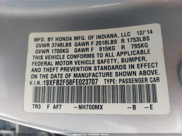 Honda Civic Lx 2015 19XFB2F58FE023707 Image 9