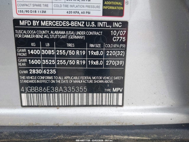 44511159 :رقم المزاد ، 4JGBB86E38A335355 vin ، 2008 Mercedes-benz Ml 350 4matic مزاد بيع