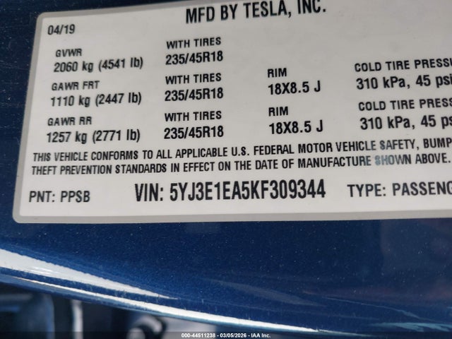 44511238 :رقم المزاد ، 5YJ3E1EA5KF309344 vin ، 2019 Tesla Model 3 Long Range/mid Range/standard Range/standard Range Plus مزاد بيع