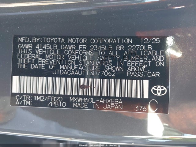JTDACAAU1T3077062 Toyota Prius Le