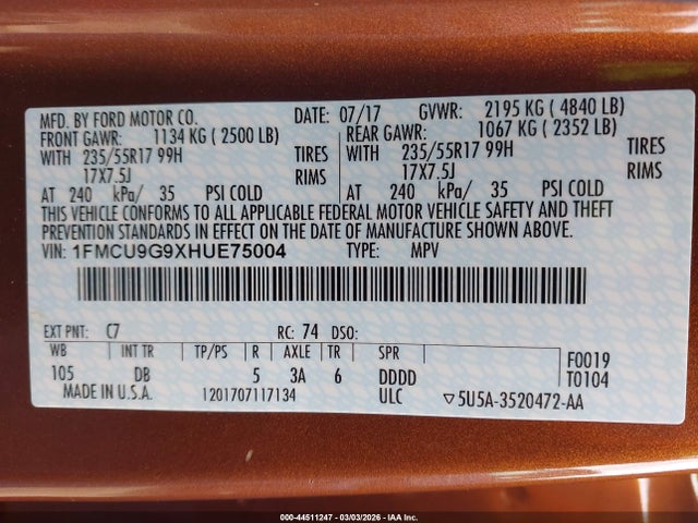 1FMCU9G9XHUE75004 Ford ESCAPE SE