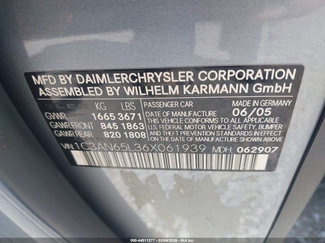 44511277 :رقم المزاد ، 1C3AN65L36X061939 vin ، 2006 Chrysler Crossfire Limited مزاد بيع