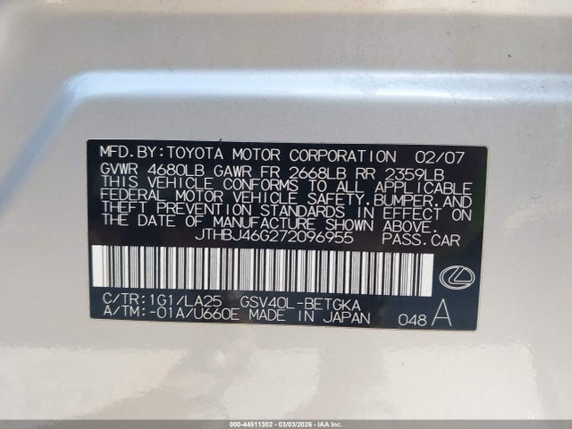 2007 Lexus Es 350 მანქანა იყიდება აუქციონზე, vin: JTHBJ46G272096955, აუქციონის ნომერი: 44511302