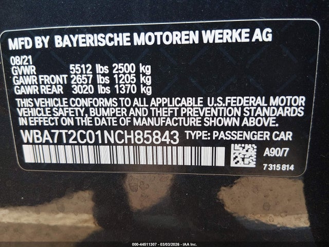 2022 Bmw 740 I მანქანა იყიდება აუქციონზე, vin: WBA7T2C01NCH85843, აუქციონის ნომერი: 44511307
