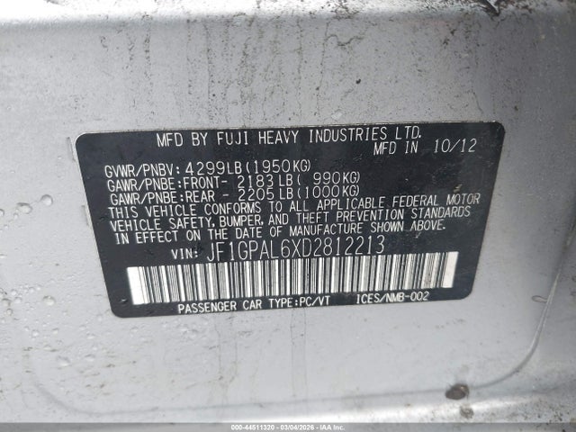 Продажа на аукционе авто 2013 Subaru Impreza 2.0i Sport Premium, vin: JF1GPAL6XD2812213, номер лота: 44511320