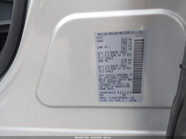 Aukcja sprzedaży 2025 Nissan Pathfinder S Fwd, vin: 5N1DR3AA1SC311224, numer aukcji: 44511326