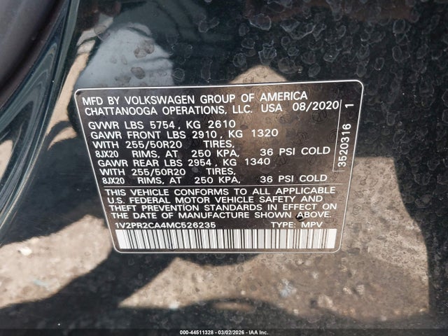 Aukcja sprzedaży 2021 Volkswagen Atlas 3.6l V6 Se W/technology R-line, vin: 1V2PR2CA4MC526235, numer aukcji: 44511328