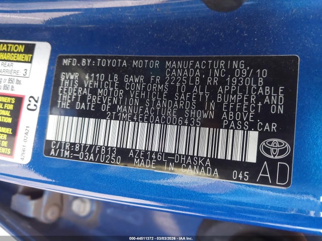 Продажа на аукционе авто 2010 Toyota Matrix Xrs, vin: 2T1ME4EE0AC006435, номер лота: 44511372