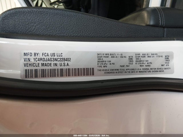Auction sale of the 2022 Dodge Durango Sxt Awd, vin: 1C4RDJAG3NC228402, lot number: 44511394