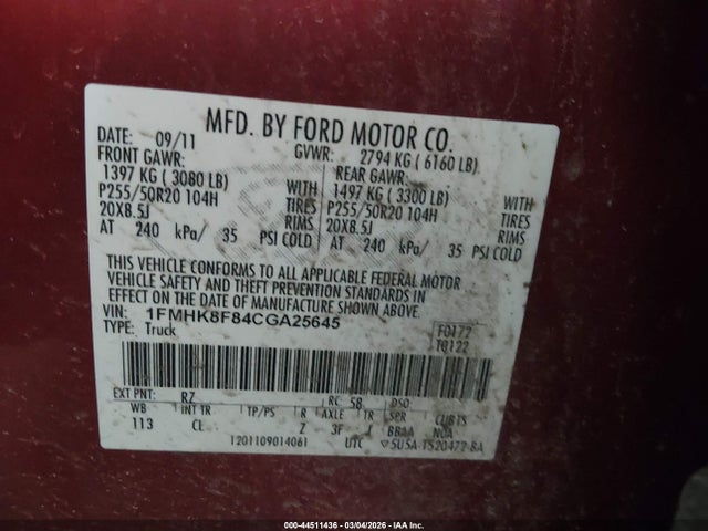 44511436 :رقم المزاد ، 1FMHK8F84CGA25645 vin ، 2012 Ford Explorer Limited مزاد بيع