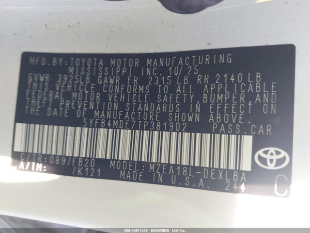 Auction sale of the 2026 Toyota Corolla Le, vin: 5YFB4MDE7TP381902, lot number: 44511438