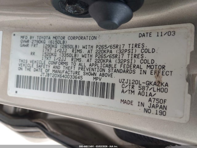 44511491 :رقم المزاد ، JTJBT20X640033645 vin ، 2004 Lexus Gx 470 مزاد بيع