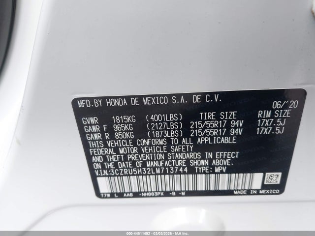 44511492 :رقم المزاد ، 3CZRU5H32LM713744 vin ، 2020 Honda Hr-v 2wd Lx مزاد بيع