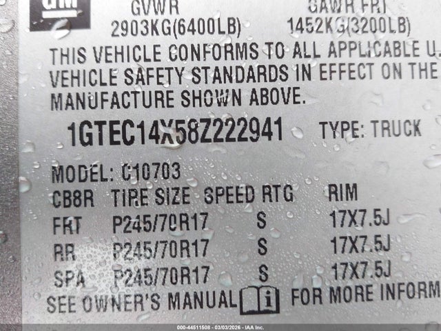 Aukcja sprzedaży 2008 Gmc Sierra 1500 Work Truck, vin: 1GTEC14X58Z222941, numer aukcji: 44511508