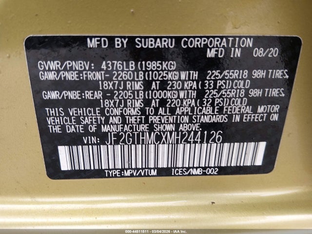 44511511 :رقم المزاد ، JF2GTHMCXMH244126 vin ، 2021 Subaru Crosstrek Limited مزاد بيع
