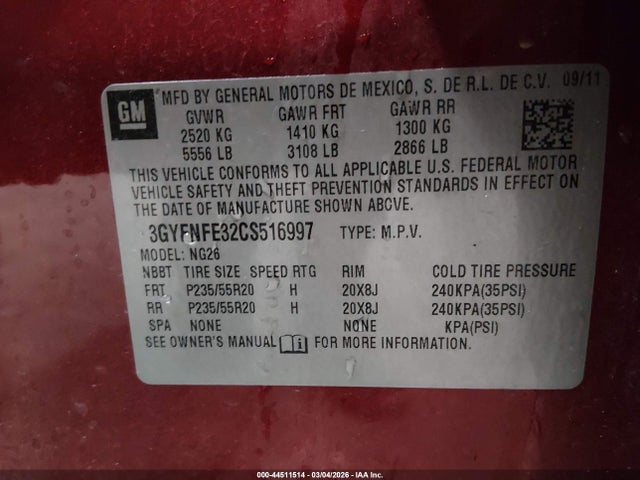 Aukcja sprzedaży 2012 Cadillac Srx Premium Collection, vin: 3GYFNFE32CS516997, numer aukcji: 44511514