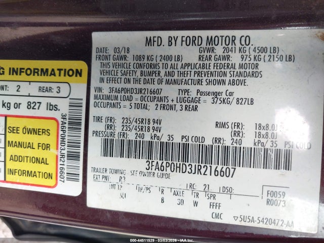 Ford FUSION SE 2018 3FA6P0HD3JR216607 Image 9