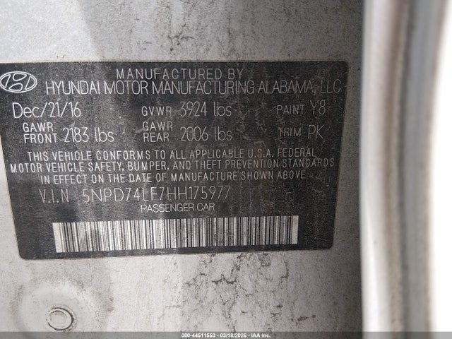 44511553 :رقم المزاد ، 5NPD74LF7HH175977 vin ، 2017 Hyundai Elantra Se مزاد بيع