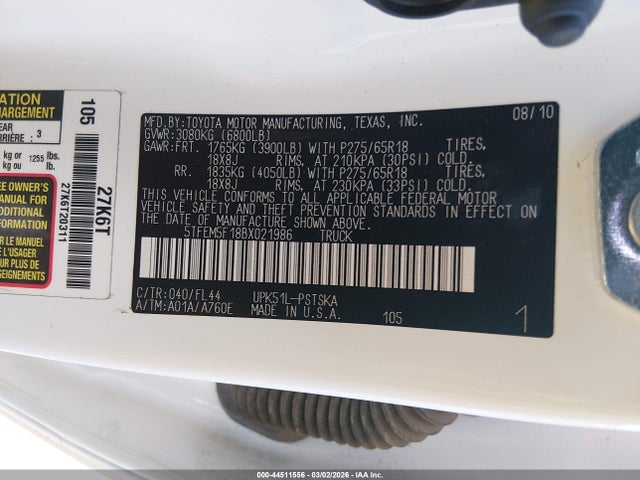 44511556 :رقم المزاد ، 5TFEM5F18BX021986 vin ، 2011 Toyota Tundra Grade 4.6l V8 مزاد بيع