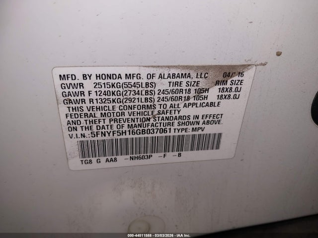 5FNYF5H16GB037061 Honda PILOT LX