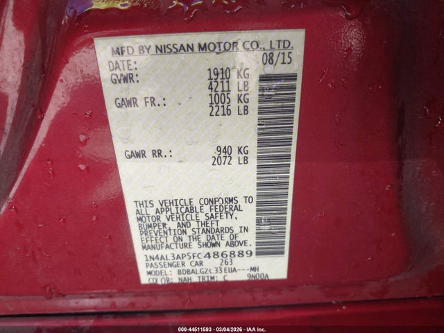 Nissan Altima 2.5 S 2015 1N4AL3AP5FC486889 Image 9