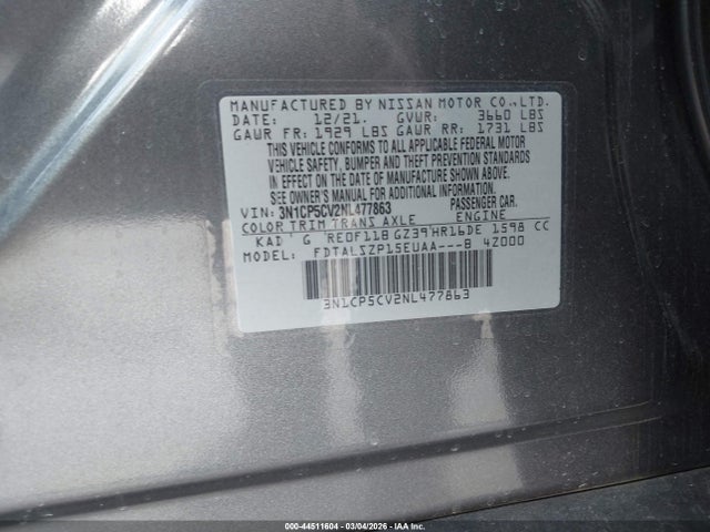 3N1CP5CV2NL477863 Nissan Kicks Sv Xtronic Cvt
