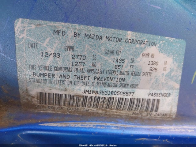 44511634 :رقم المزاد ، JM1NA3531R0508577 vin ، 1994 Mazda Mx-5 Miata مزاد بيع