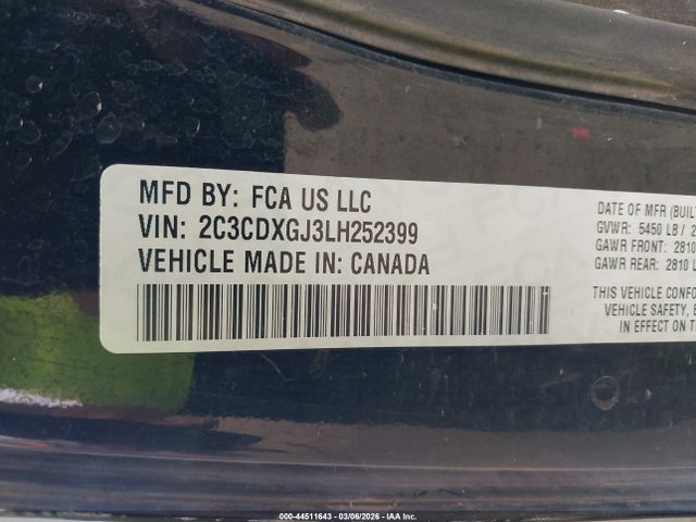 44511643 :رقم المزاد ، 2C3CDXGJ3LH252399 vin ، 2020 Dodge Charger Scat Pack Rwd مزاد بيع