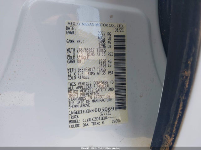 Aukcja sprzedaży 2022 Nissan Frontier Sv 4x2, vin: 1N6ED1EJ1NN605069, numer aukcji: 44511682