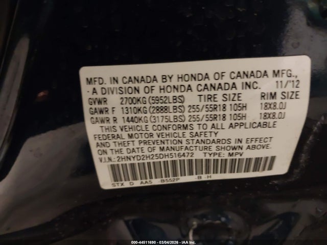 44511690 :رقم المزاد ، 2HNYD2H25DH516472 vin ، 2013 Acura Mdx مزاد بيع