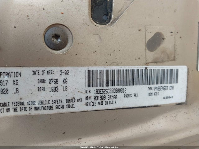 44511701 :رقم المزاد ، 1B3ES26C32D600313 vin ، 2002 Dodge Neon مزاد بيع