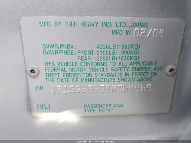 Продажа на аукционе авто 2004 Subaru Forester 2.5xt, vin: JF1SG69674H764469, номер лота: 44511707