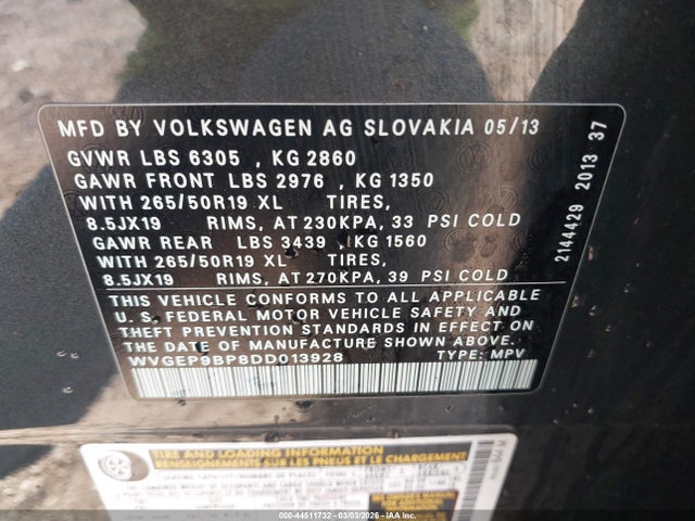 Продаж на аукціоні авто 2013 Volkswagen Touareg Tdi Lux, vin: WVGEP9BP8DD013928, номер лоту: 44511732