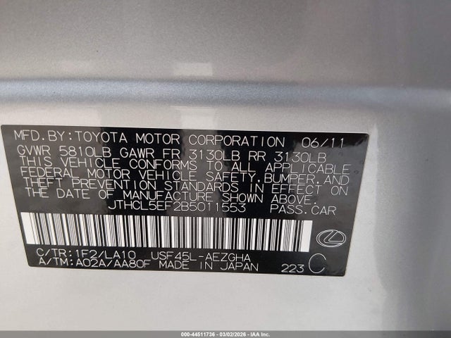 Продаж на аукціоні авто 2011 Lexus Ls 460, vin: JTHCL5EF2B5011553, номер лоту: 44511736