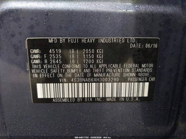 44511752 :رقم المزاد ، 4S3BNAB6XH3003290 vin ، 2017 Subaru Legacy 2.5i مزاد بيع