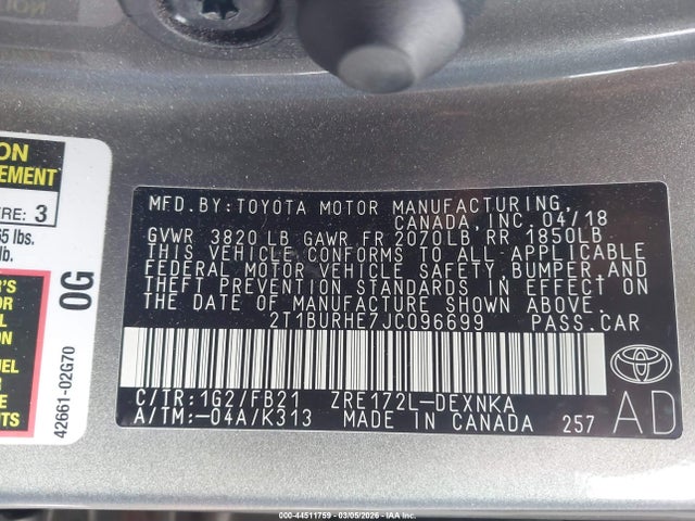 2T1BURHE7JC096699 Toyota COROLLA LE