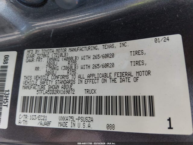 Aukcja sprzedaży 2024 Toyota Tundra Sr5, vin: 5TFLA5DB2RX169072, numer aukcji: 44511788