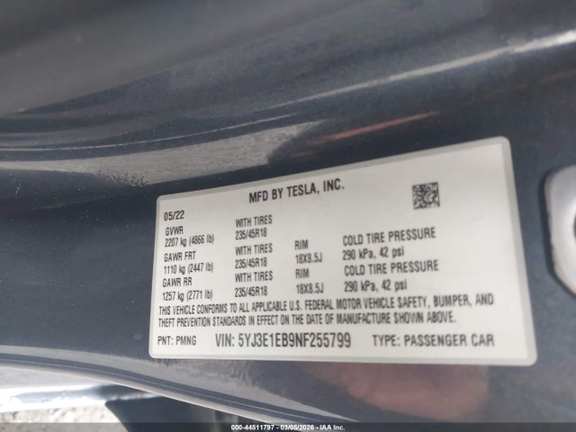 Продажа на аукционе авто 2022 Tesla Model 3 Long Range Dual Motor All-wheel Drive, vin: 5YJ3E1EB9NF255799, номер лота: 44511797