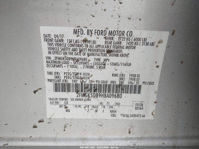 Aukcja sprzedaży 2017 Ford Flex Limited, vin: 2FMGK5D89HBA09680, numer aukcji: 44511802