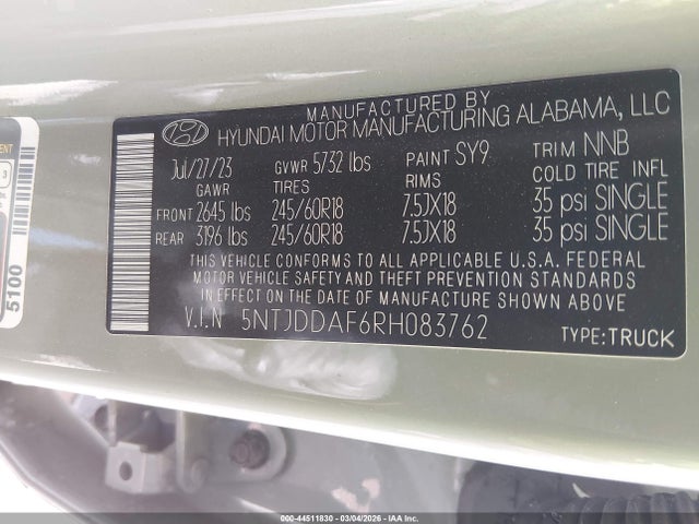 Auction sale of the 2024 Hyundai Santa Cruz Xrt, vin: 5NTJDDAF6RH083762, lot number: 44511830