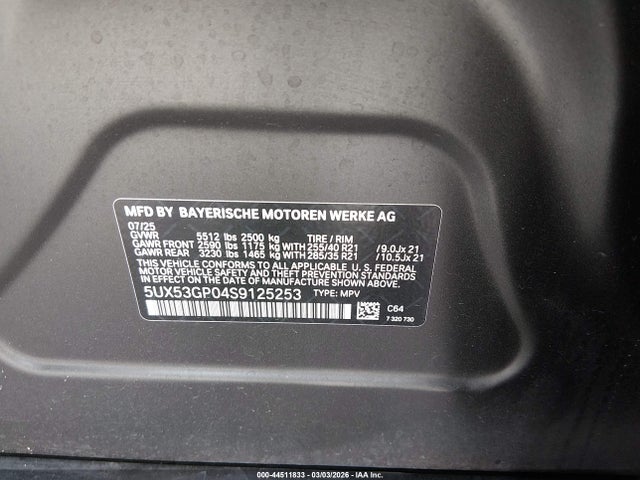 44511833 :رقم المزاد ، 5UX53GP04S9125253 vin ، 2025 Bmw X3 30 Xdrive مزاد بيع