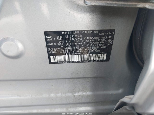 44511863 :رقم المزاد ، 4S4WMAPD7K3452098 vin ، 2019 Subaru Ascent Limited مزاد بيع