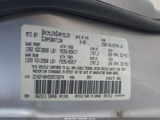 2005 Chrysler Pacifica მანქანა იყიდება აუქციონზე, vin: 2C4GF48455R572674, აუქციონის ნომერი: 44511934