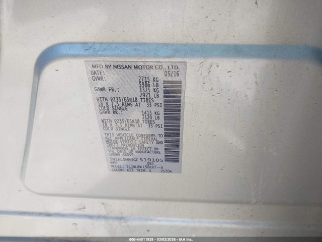 44511938 :رقم المزاد ، 5N1AL0MM3GC519105 vin ، 2016 Infiniti Qx60 مزاد بيع