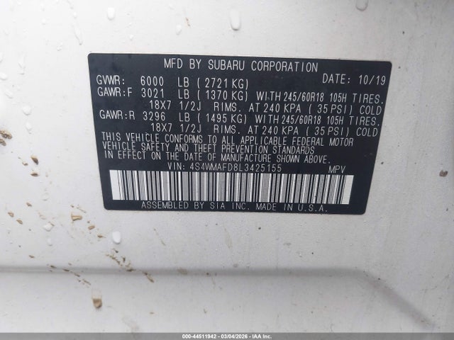 Продаж на аукціоні авто 2020 Subaru Ascent Premium, vin: 4S4WMAFD8L3425155, номер лоту: 44511942