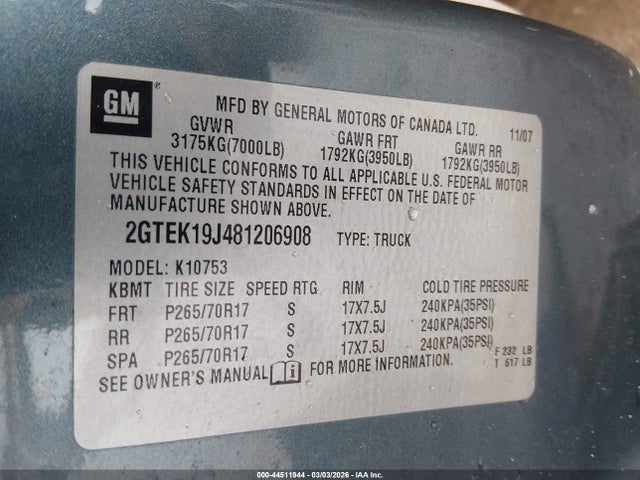 Aukcja sprzedaży 2008 Gmc Sierra 1500 Sle1, vin: 2GTEK19J481206908, numer aukcji: 44511944