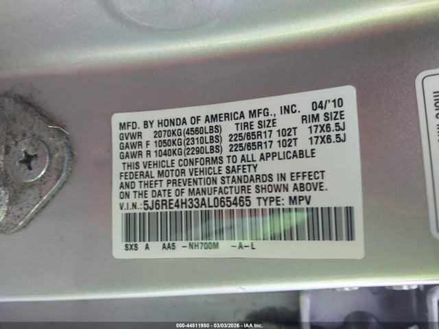 44511980 :رقم المزاد ، 5J6RE4H33AL065465 vin ، 2010 Honda Cr-v Lx مزاد بيع